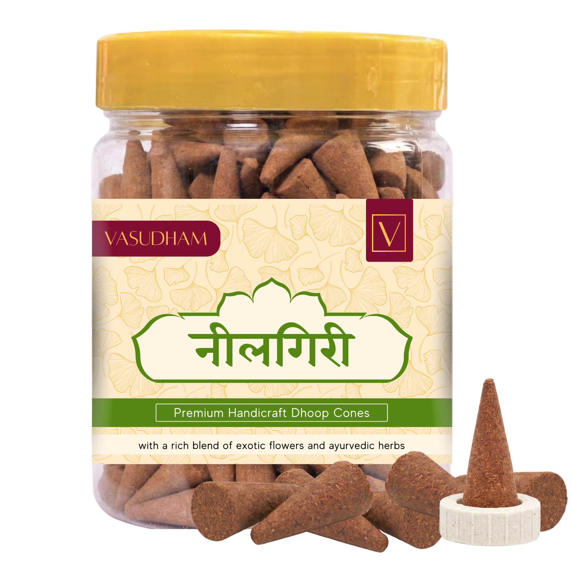Jar of Vasudham Nilgiri Dhoop Cones with a yellow lid and white label.
