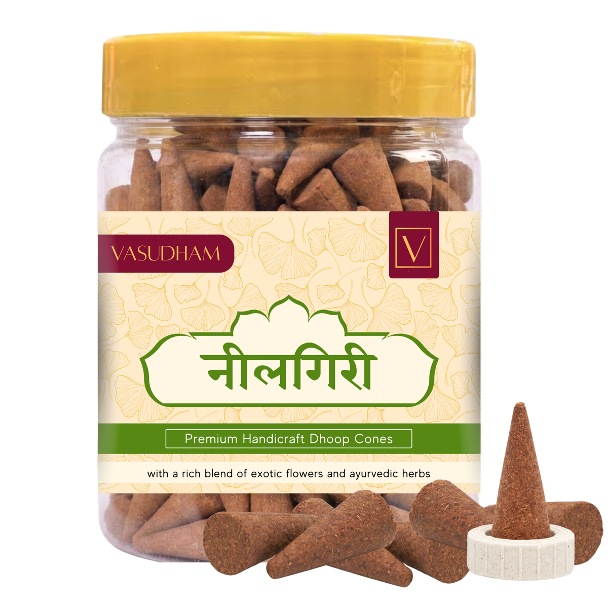 Jar of Vasudham Nilgiri Dhoop Cones with a yellow lid and white label.