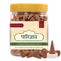 Jar of Vasudham Parijat incense cones with a yellow lid on a white background