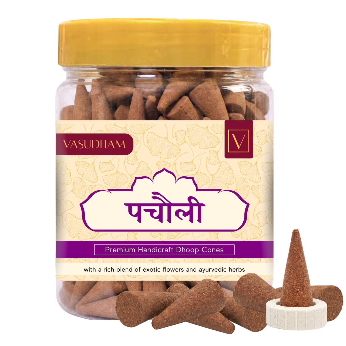 Jar of Vasudham Pachcholi incense cones with a yellow lid and white background