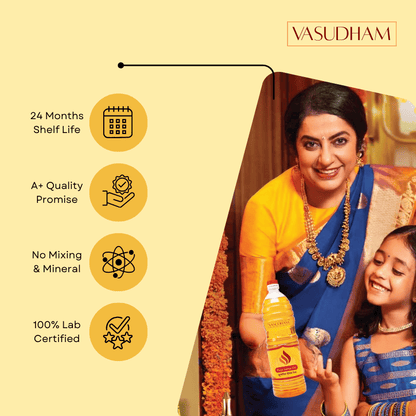 Woman and child holding a bottle of 'Vasudham' lamp oil product with brand name displayed.