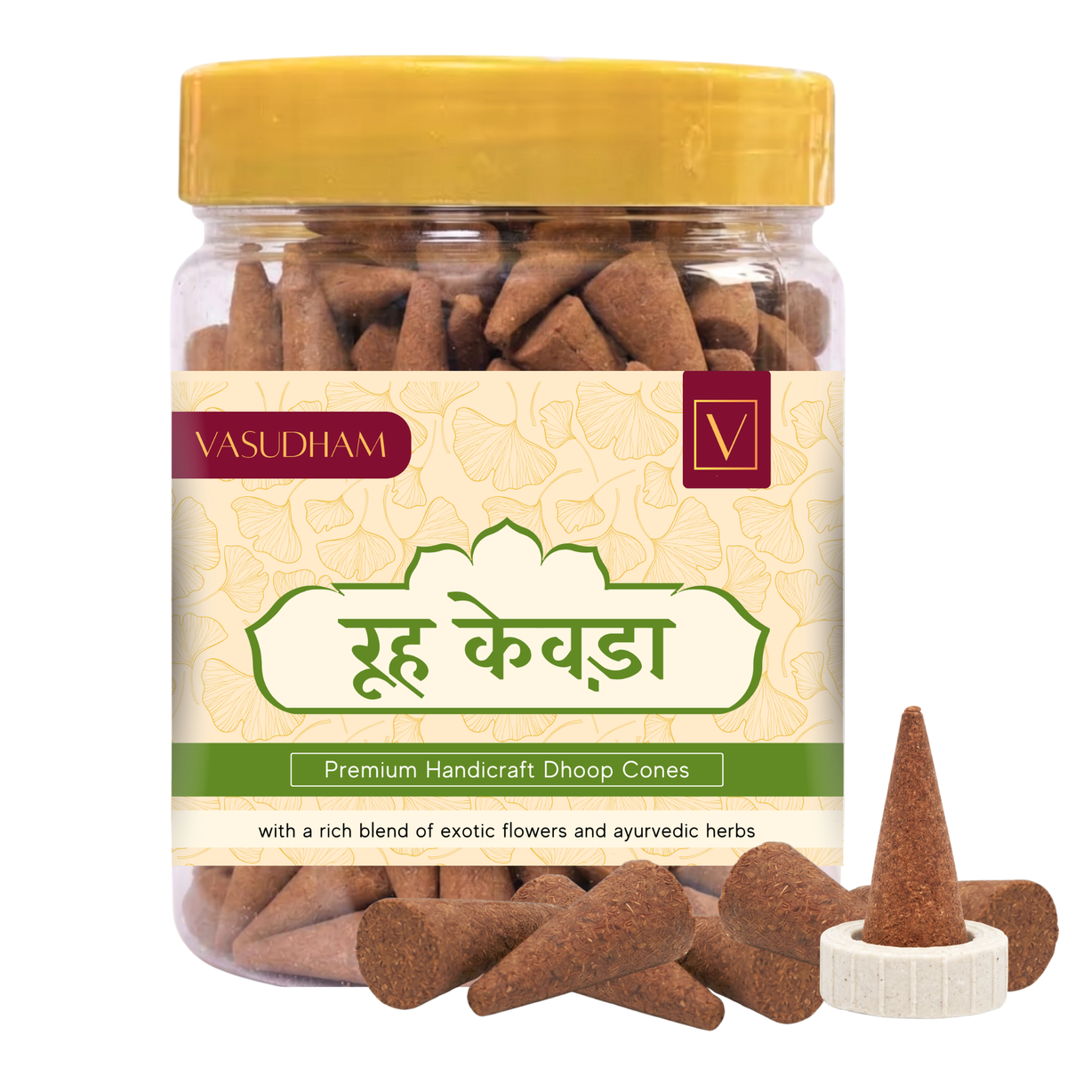 Jar of Vasudham ruh kewra dhoop cones with a yellow lid and visible label.