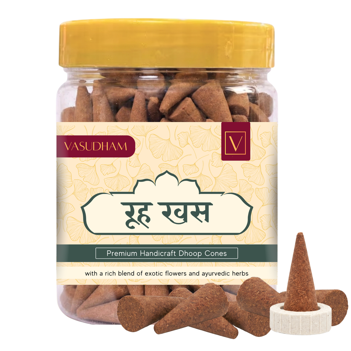 Jar of Vasudham ruh khus dhoop cones with a yellow lid and visible label on a white background
