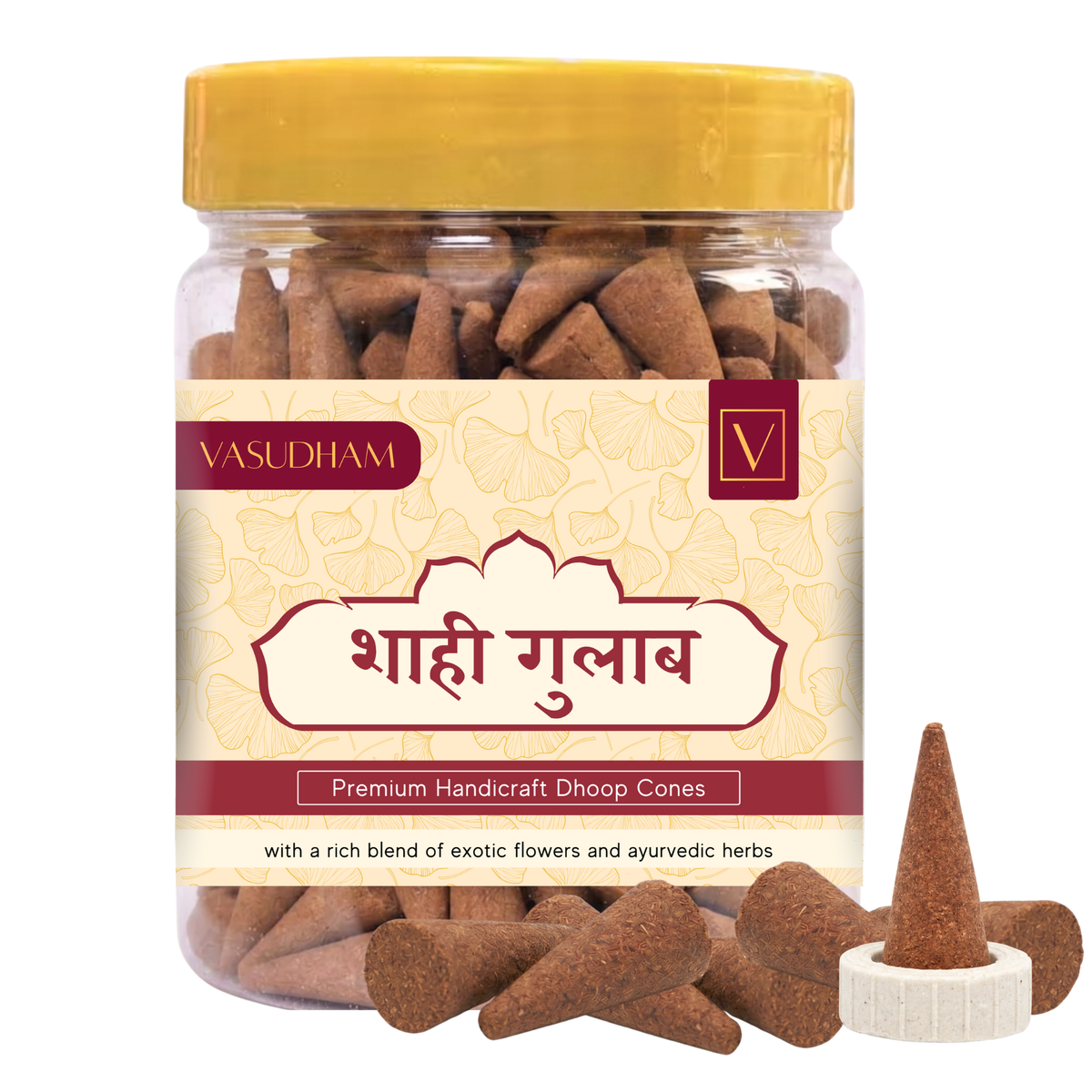Jar of Vasudham rose dhoop cones with a yellow lid on a white background