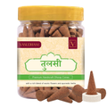 Jar of Vasudham Premium Handicraft tulsi Dhoop Cones with a yellow lid and white label.