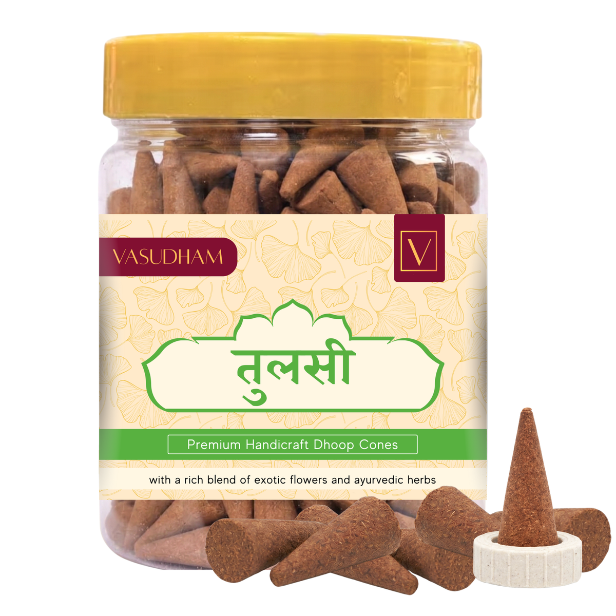 Jar of Vasudham Premium Handicraft tulsi Dhoop Cones with a yellow lid and white label.