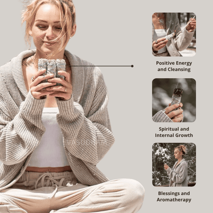 Woman holding a white sage with text on positive energy, spiritual growth, and aromatherapy.
