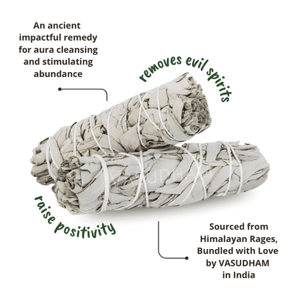 Two rolled sage smudge sticks with text describing their uses on a white background