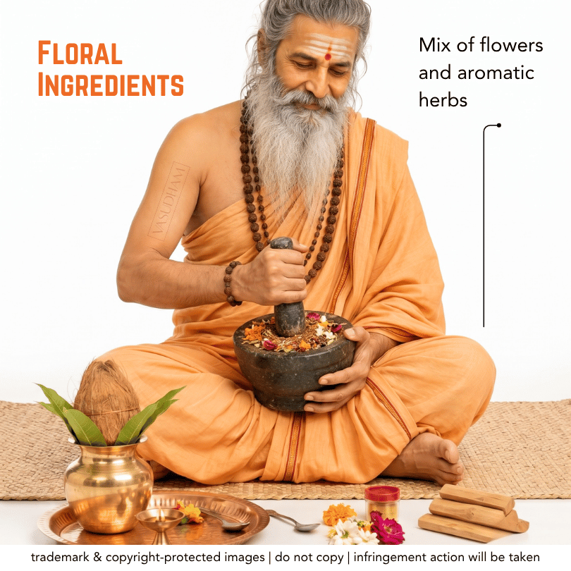 A seated elderly man with a long gray beard and orange robe is shown using a stone mortar and pestle filled with colorful flowers and herbs. Text on the image reads 'FLORAL INGREDIENTS' and 'Mix of flowers and aromatic herbs,' with decorative flowers, a brass pot, and wood pieces arranged around him on a white background.