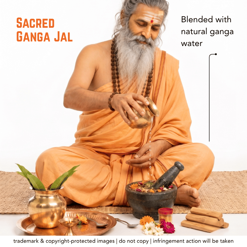 A man with a long gray beard and red tilak sits cross-legged in orange robes, pouring water from a brass pot into a stone mortar. Text on the image reads 'Sacred Ganga Jal' and 'Blended with natural ganga water,' with decorative brass and stone vessels on a white background.