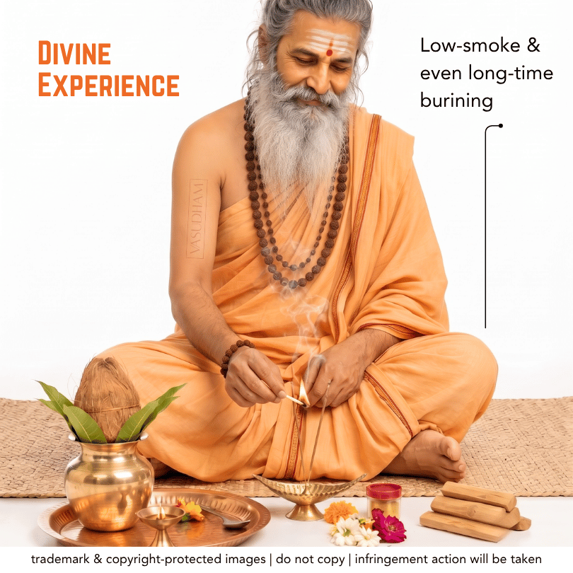 A man with a long gray beard and tilak sits cross-legged on a jute mat, lighting incense sticks over a brass vessel with a coconut, surrounded by offerings. Text on the image reads 'DIVINE EXPERIENCE' and 'Low-smoke & even long-time burning.