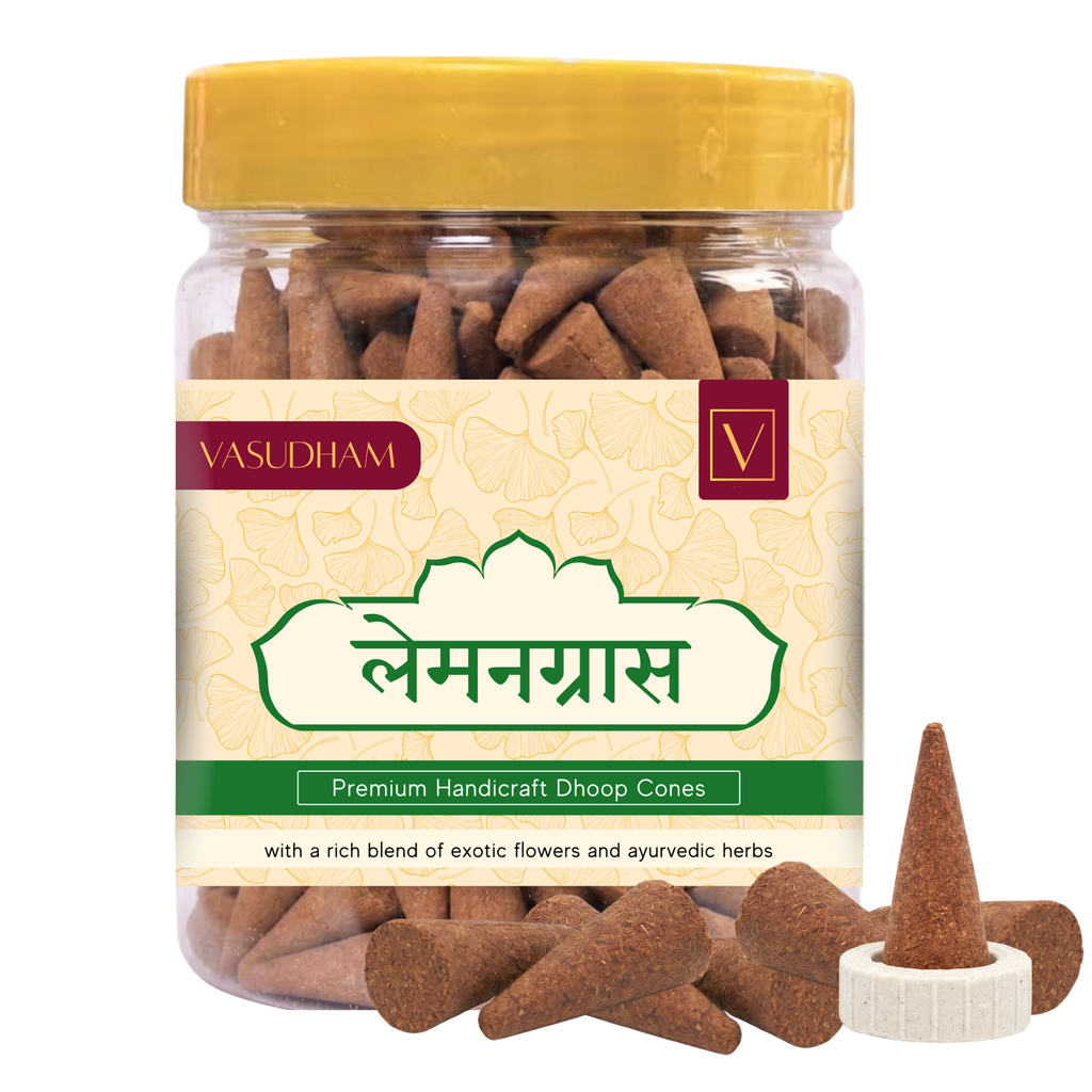 Jar of Vasudham lemon grass incense cones with a yellow lid on a white background