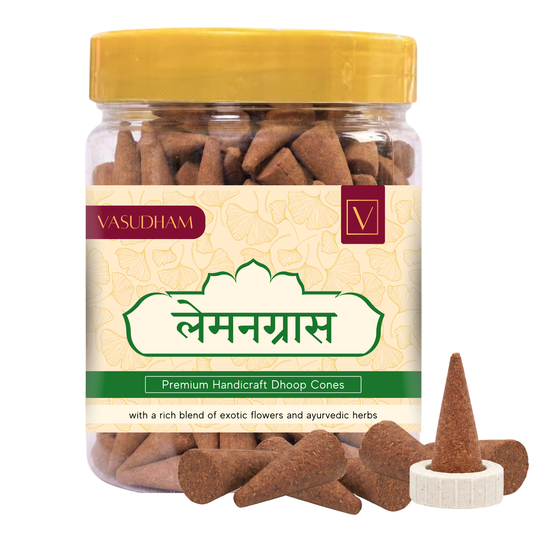 Jar of Vasudham lemon grass incense cones with a yellow lid on a white background