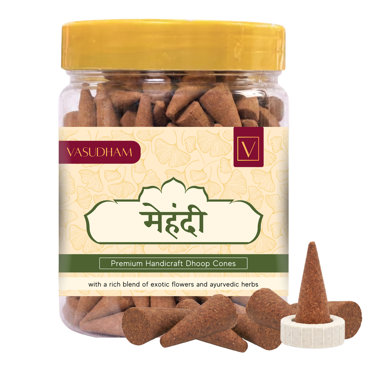 Jar of Vasudham mehendi dhoop cones with a yellow lid on a white background